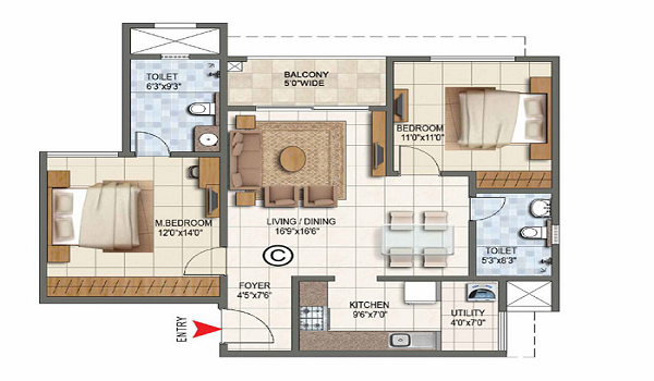 Brigade Valencia 2 BHK Floor Plan